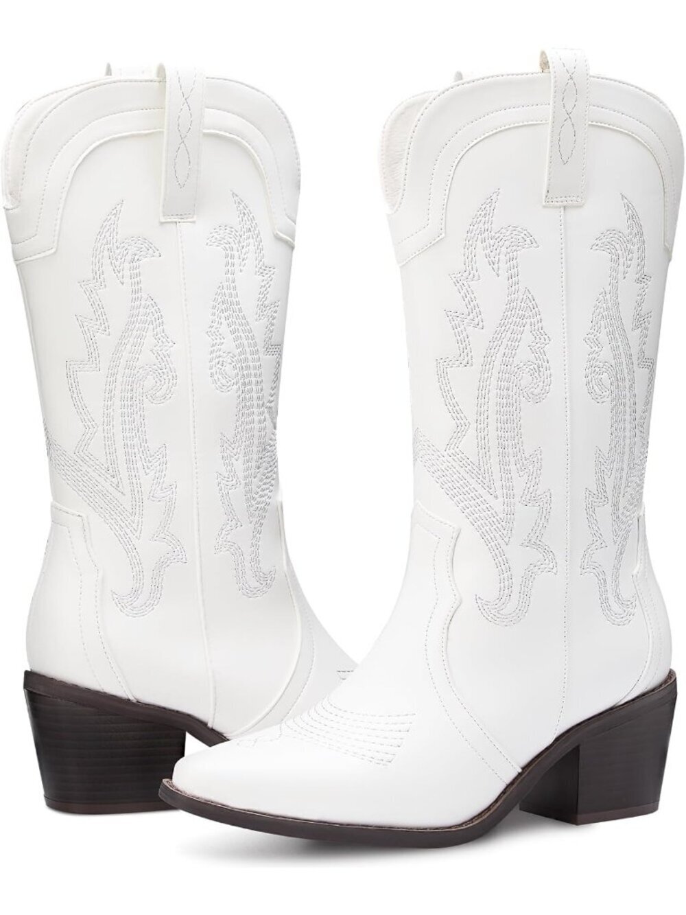 Women's White Cowboy Boots Pointed Toe Western Boots Embroidered Mid Calf Boots - Picture 4 of 7